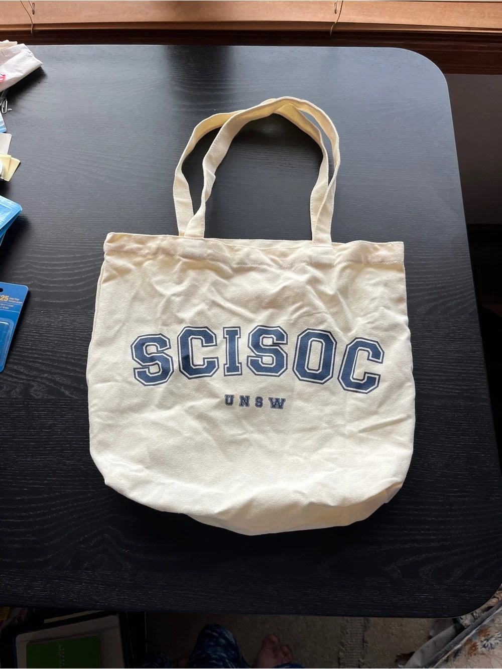 UNSW SCISOC Off White Canvas Tote Bag Small Navy Blue Graphic Print Pockets